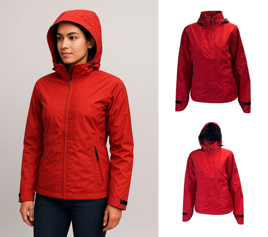 Women's red waterproof hooded rain jacket with zip front and adjustable cuffs – outdoor weather-resistant coat