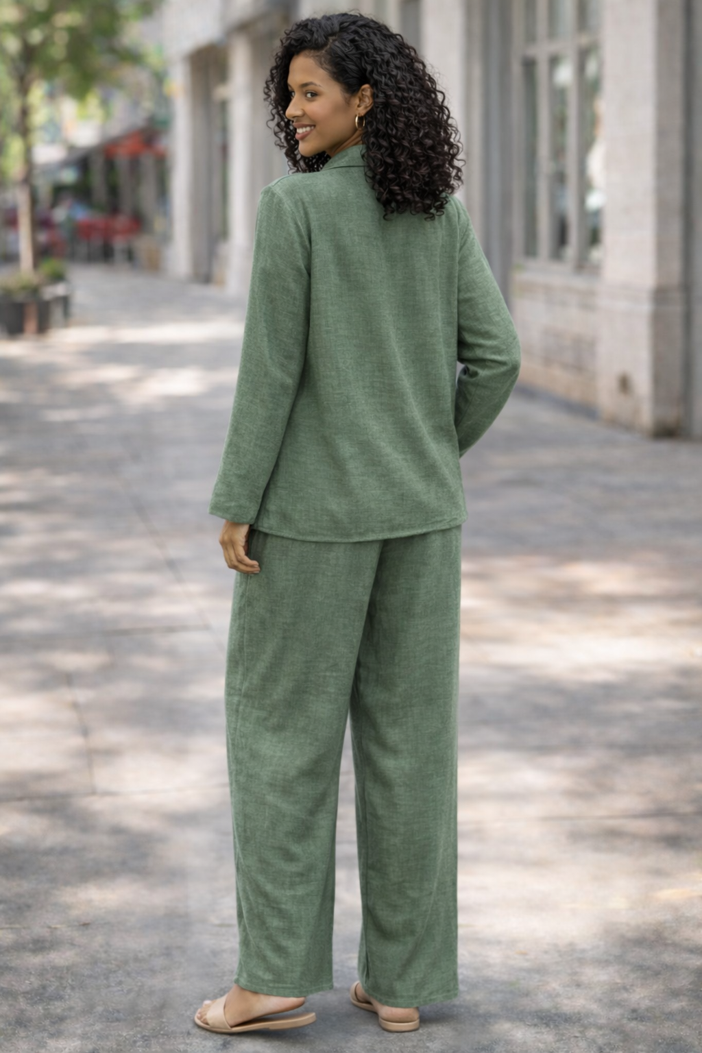 Stay effortlessly stylish with this women’s two piece lounge set, featuring a relaxed fit button-up shirt and wide leg trousers. Designed in a breathable linen-look fabric, this matching co-ord set is perfect for casual wear, holidays, travel, summer outfits, or comfortable everyday styling.