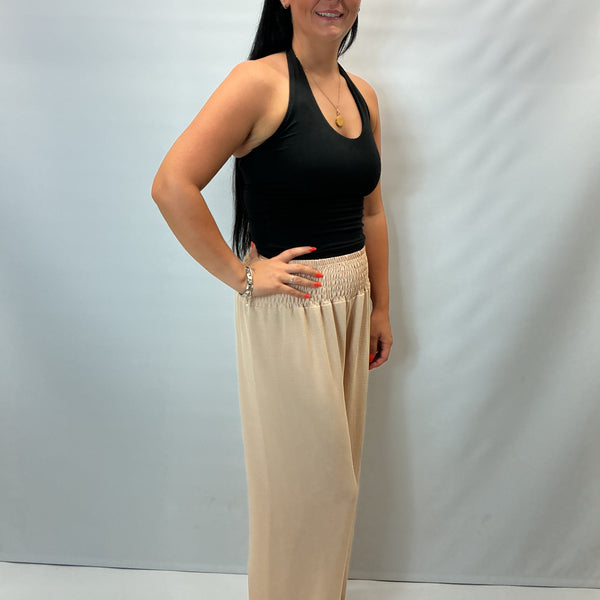 Ladies Relaxed Wide Leg Palazzo Trousers (Beige)