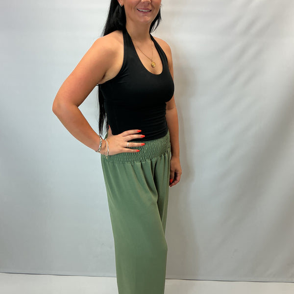 Ladies Relaxed Wide Leg Palazzo Trousers (Khaki)