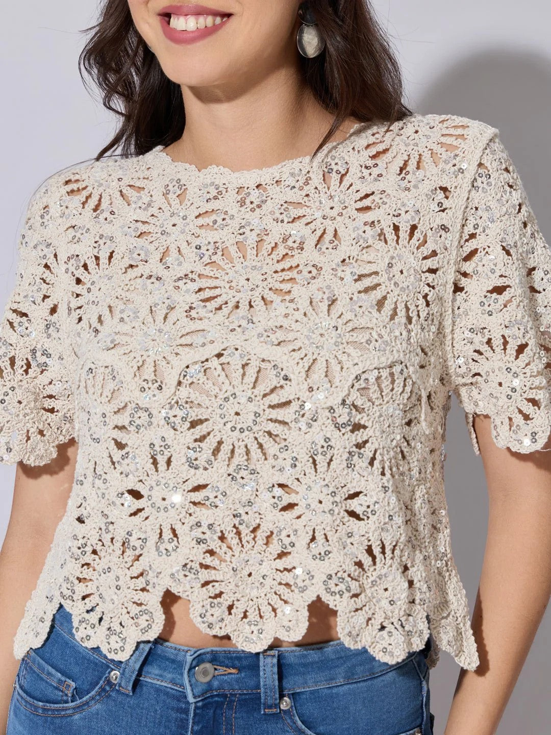 womens sequined floral crochet top short sleeve lightweight summer knit scalloped hem