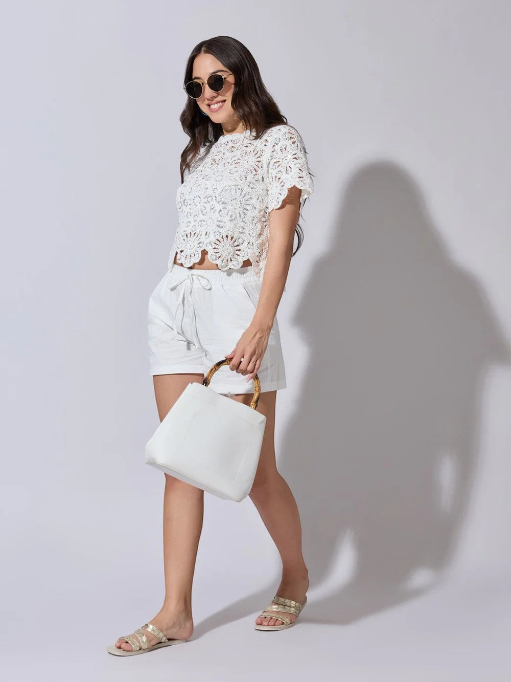 womens sequined floral crochet top short sleeve lightweight summer knit scalloped hem