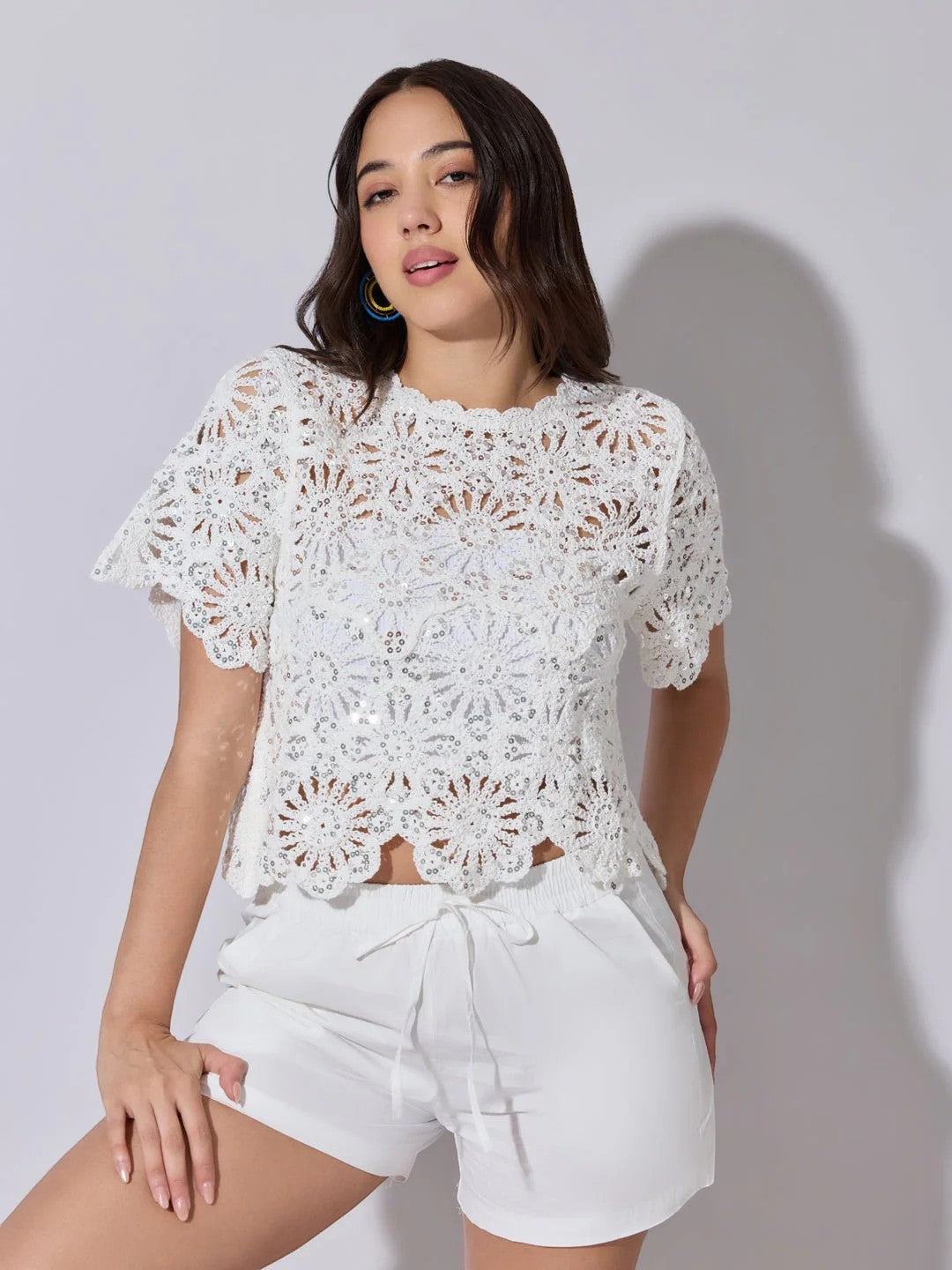 womens sequined floral crochet top short sleeve lightweight summer knit scalloped hem