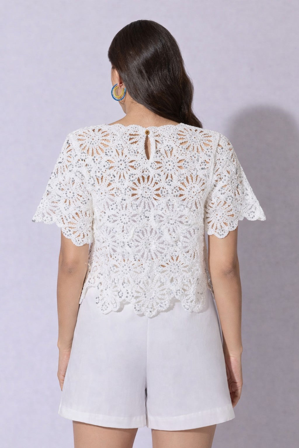 womens sequined floral crochet top short sleeve lightweight summer knit scalloped hem