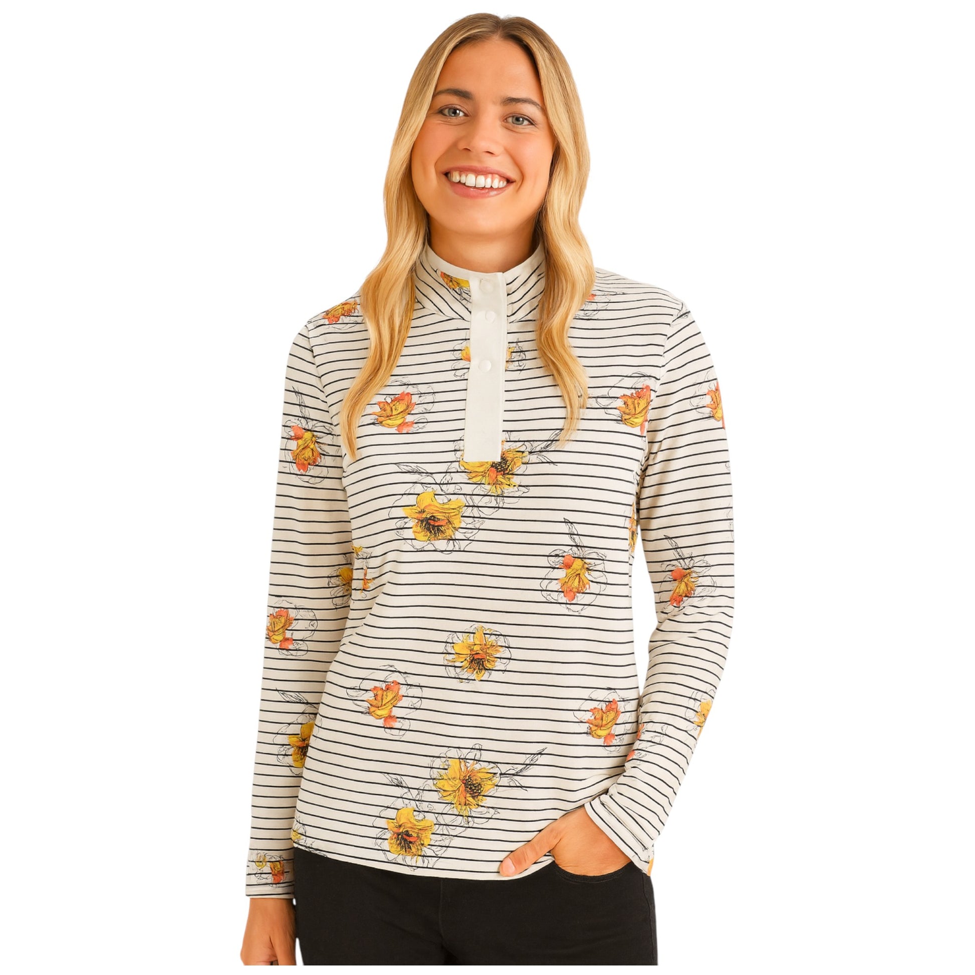 Women's white long sleeve pullover with black stripes, yellow floral print, and button-up stand collar.