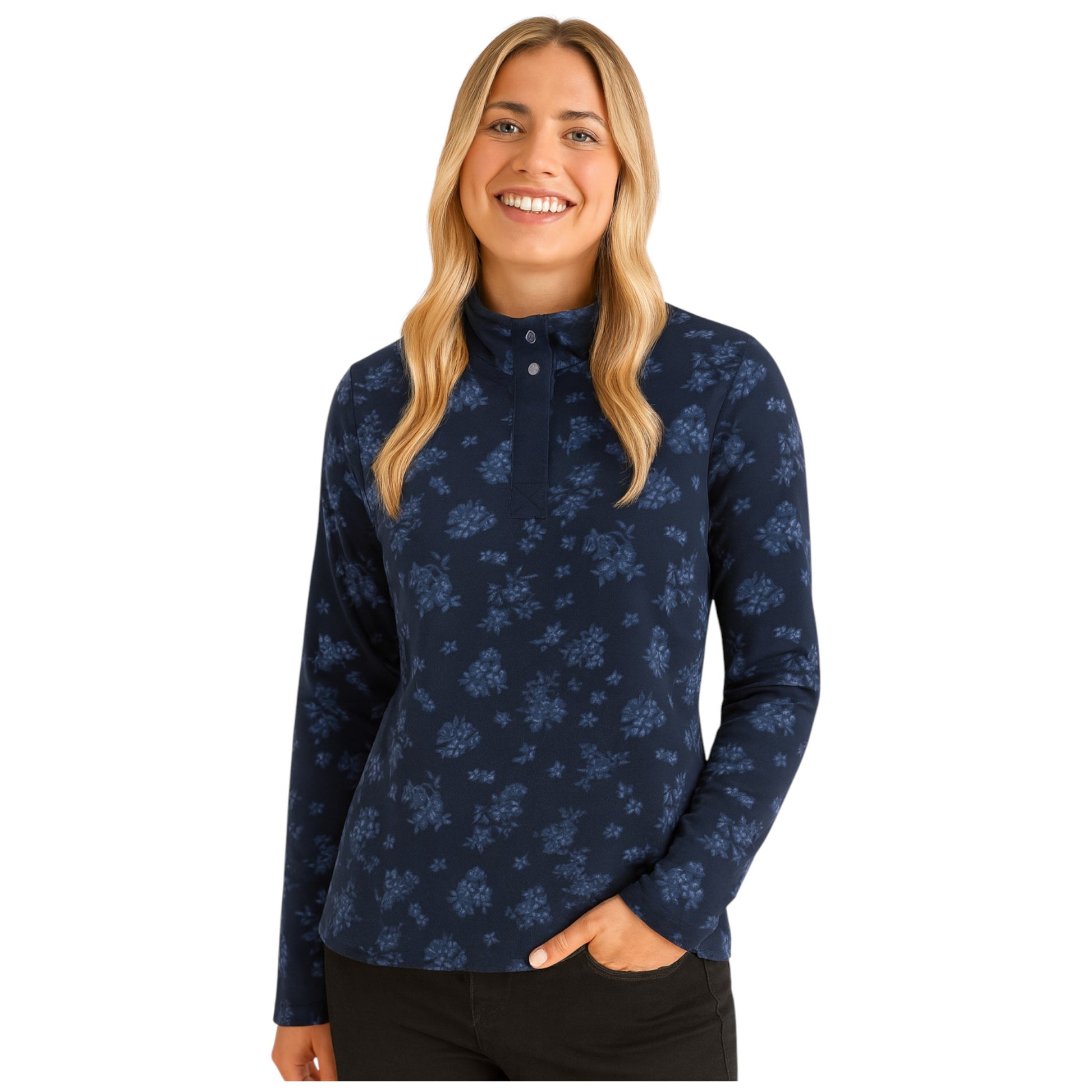 Women's navy blue long sleeve pullover with floral print and button-up stand collar.