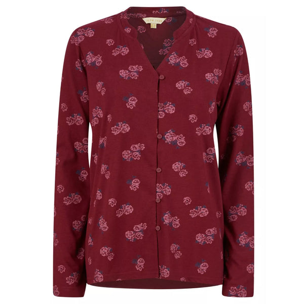 Ladies Floral Button Front Jersey Top – Burgundy