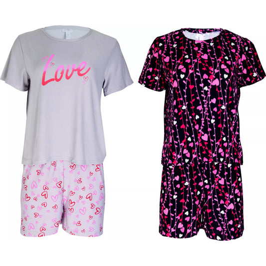 Ladies short sleeve heart print pyjamas – love-themed women’s nightwear sets with shorts, available in grey and black pink heart designs
