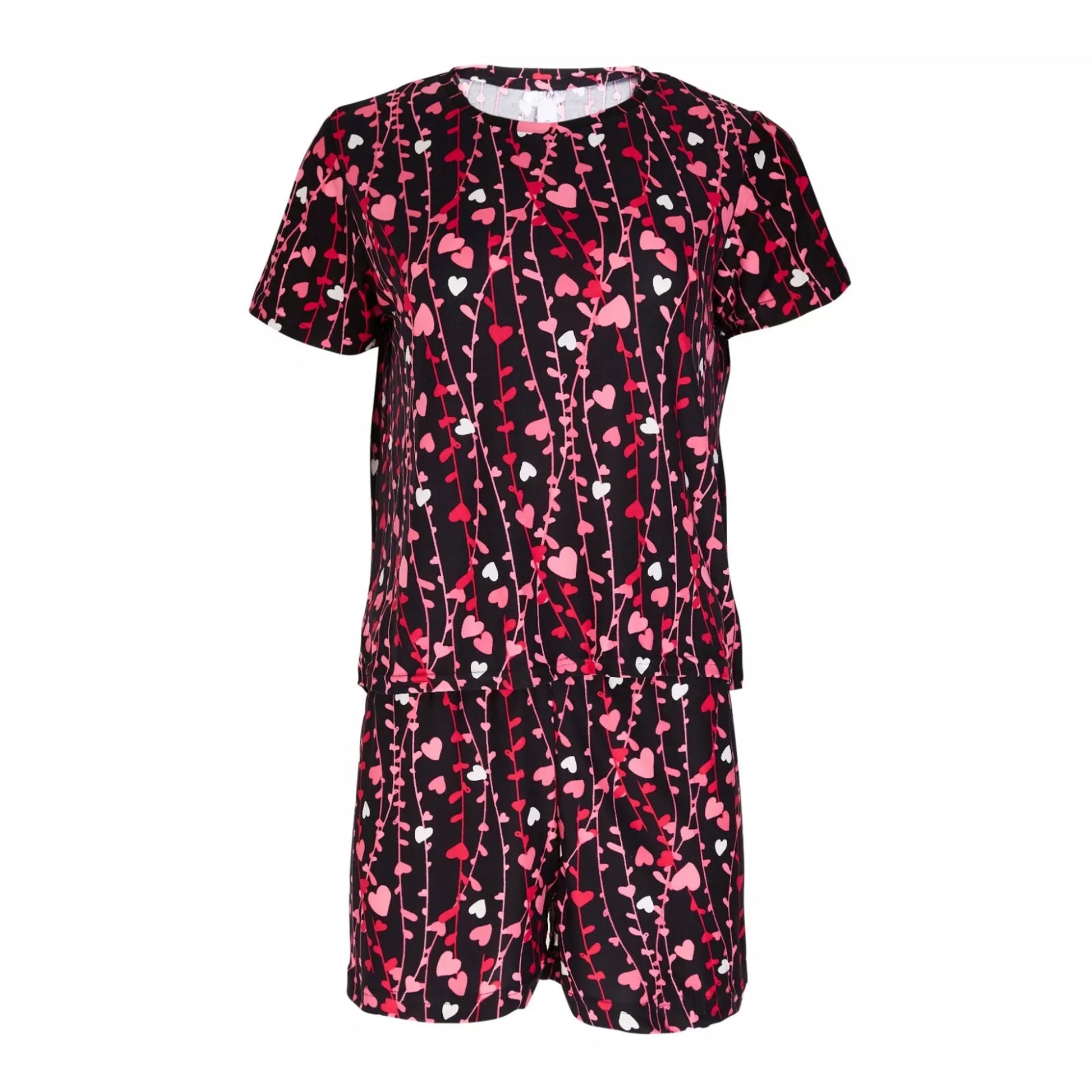 Ladies short sleeve love heart print nightwear set – black and pink women's pyjamas with matching shorts – soft and lightweight sleepwear