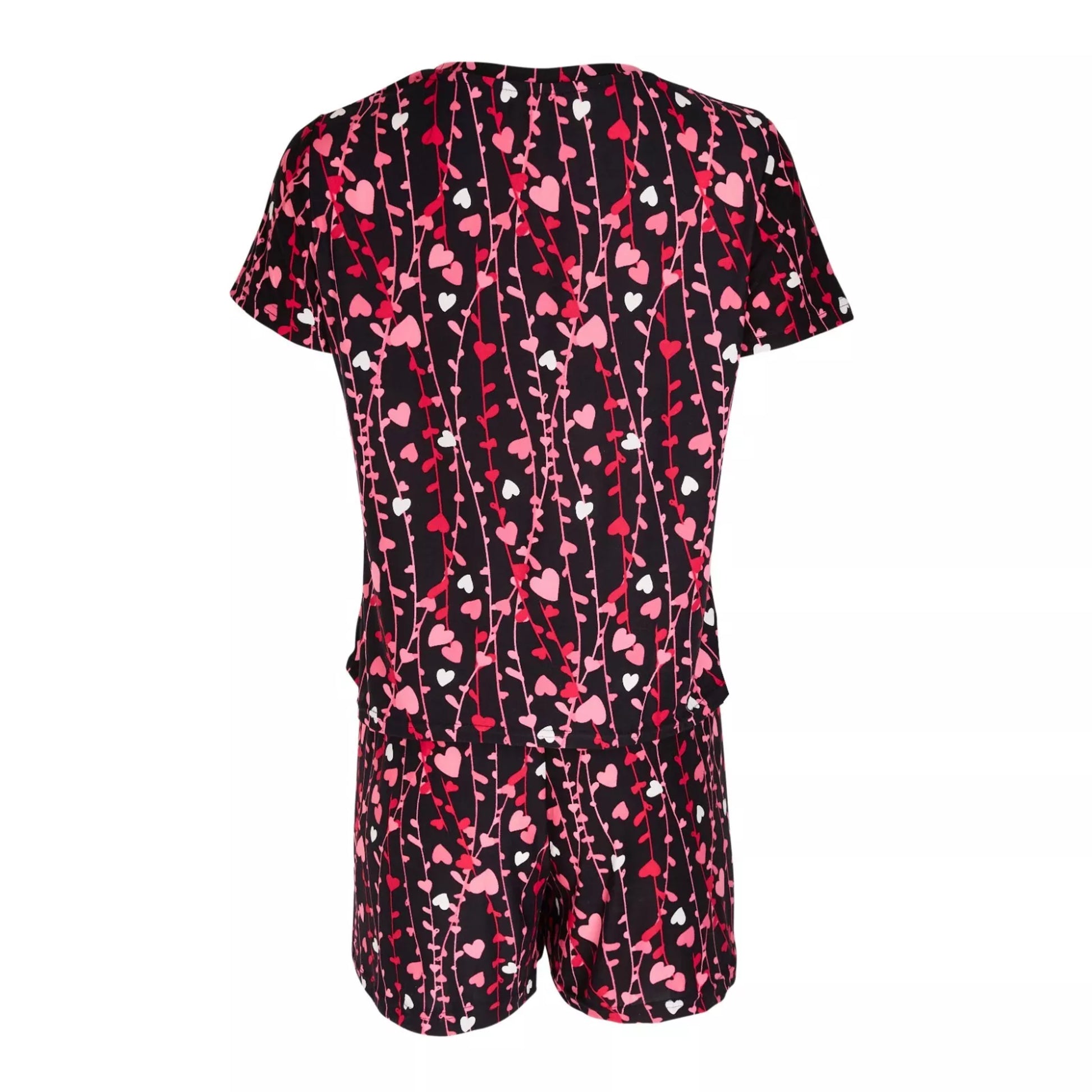 Ladies short sleeve love heart print nightwear set – black and pink women's pyjamas with matching shorts – soft and lightweight sleepwear
