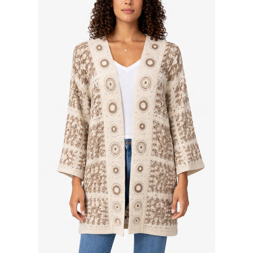 Womens beige cream crochet lace longline cardigan open front kimono boho summer cover up