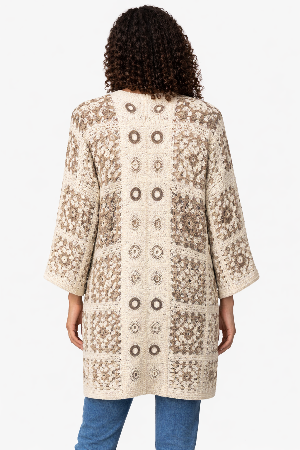 Womens beige cream crochet lace longline cardigan open front kimono boho summer cover up