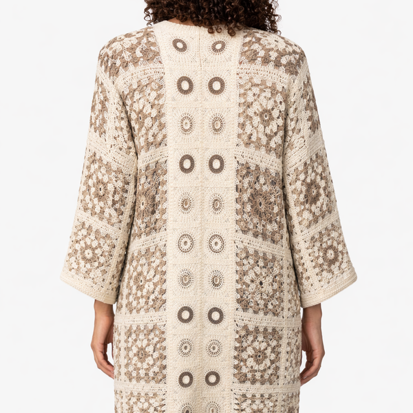 Ladies Sienna Longline Crochet Cardigan - Beige & Cream