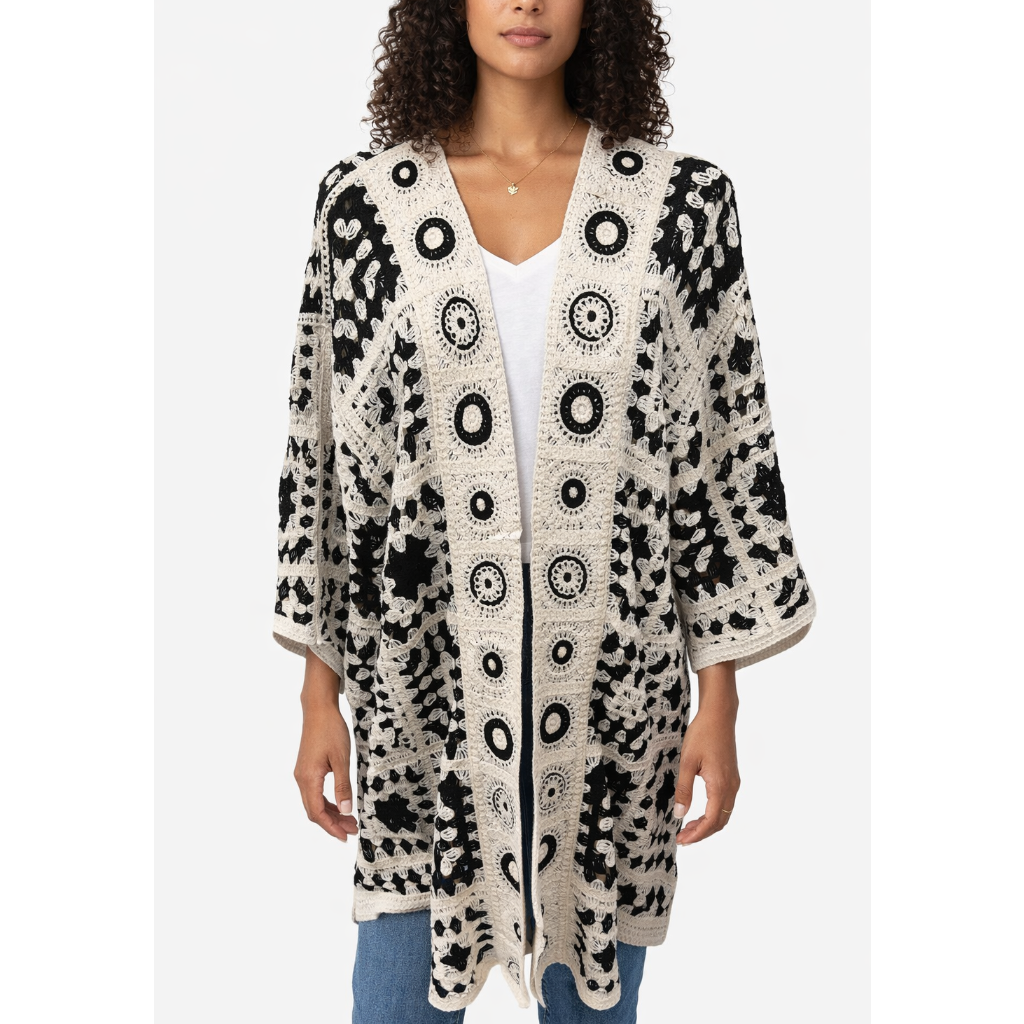 Womens black cream crochet lace longline cardigan open front kimono boho summer cover up