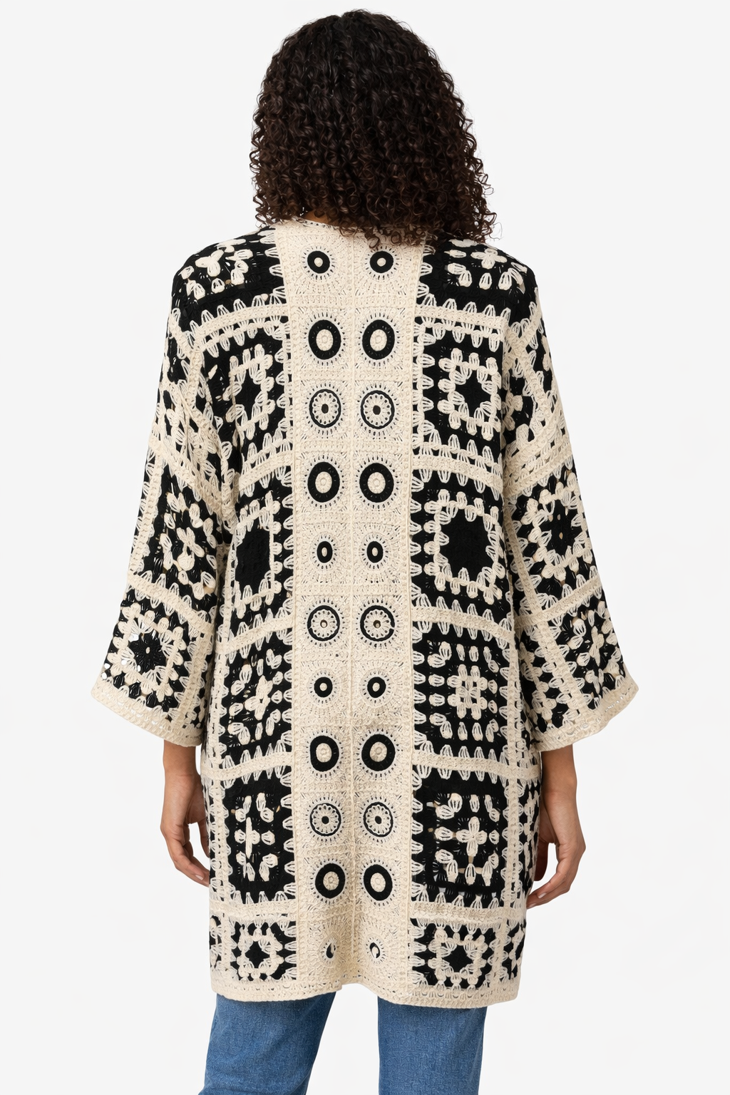 Womens black cream crochet lace longline cardigan open front kimono boho summer cover up