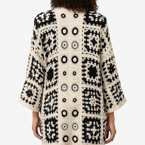 Ladies Sienna Longline Crochet Cardigan - Black & Cream