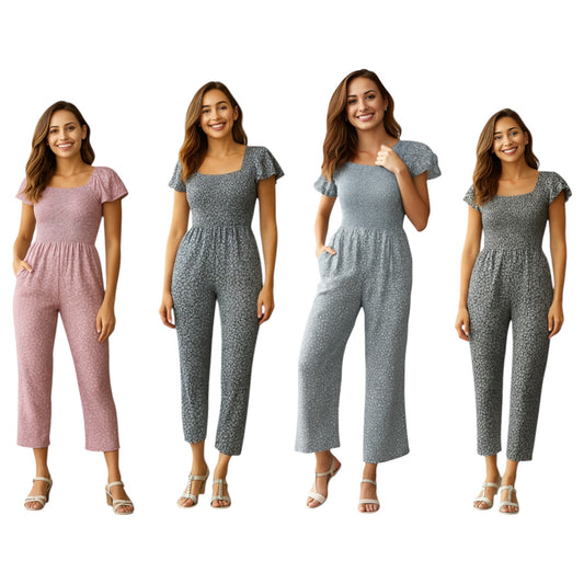 Women's floral jumpsuits in pink, grey, light blue, and black – lightweight summer playsuits with short sleeves and cropped legs