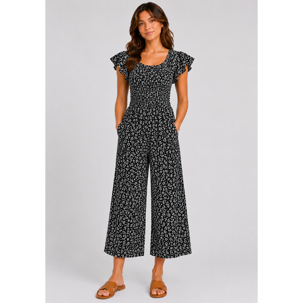 black floral women's jumpsuit with short sleeves and cropped legs – lightweight summer outfit