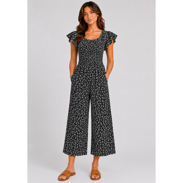 Ladies Shirred Floral Round Neck Jumpsuit - (Black)