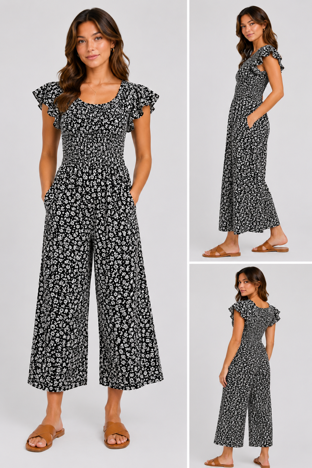 black floral women's jumpsuit with short sleeves and cropped legs – lightweight summer outfit