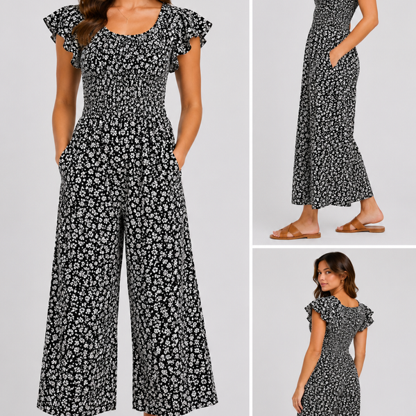Ladies Shirred Floral Round Neck Jumpsuit - (Black)
