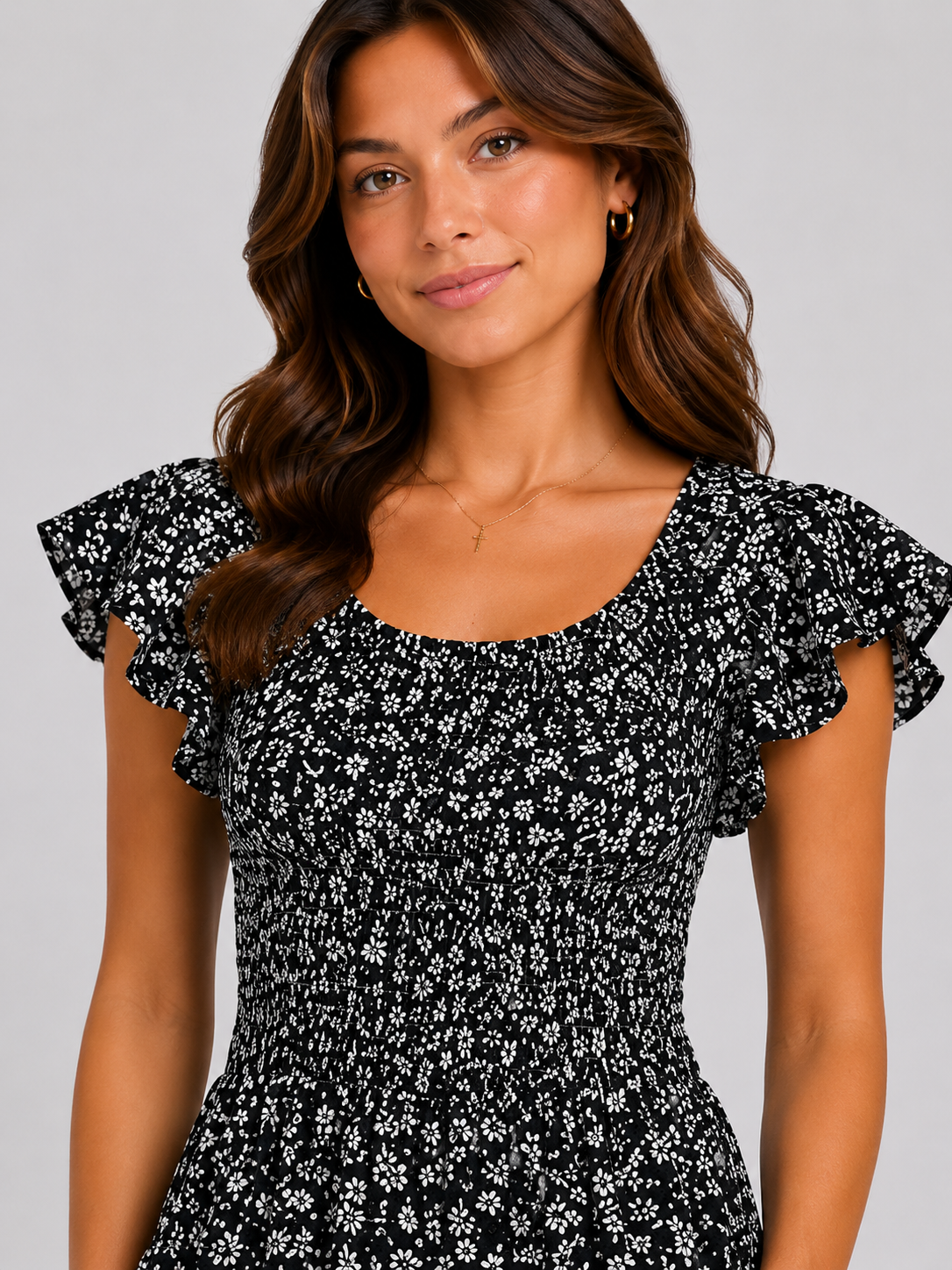 black floral women's jumpsuit with short sleeves and cropped legs – lightweight summer outfit