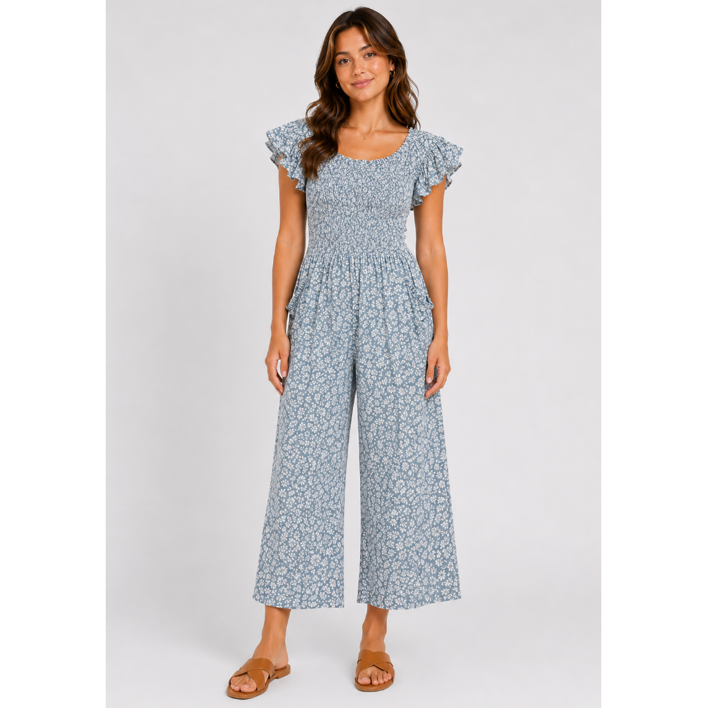 Blue floral women's jumpsuit with short sleeves and cropped legs – lightweight summer outfit