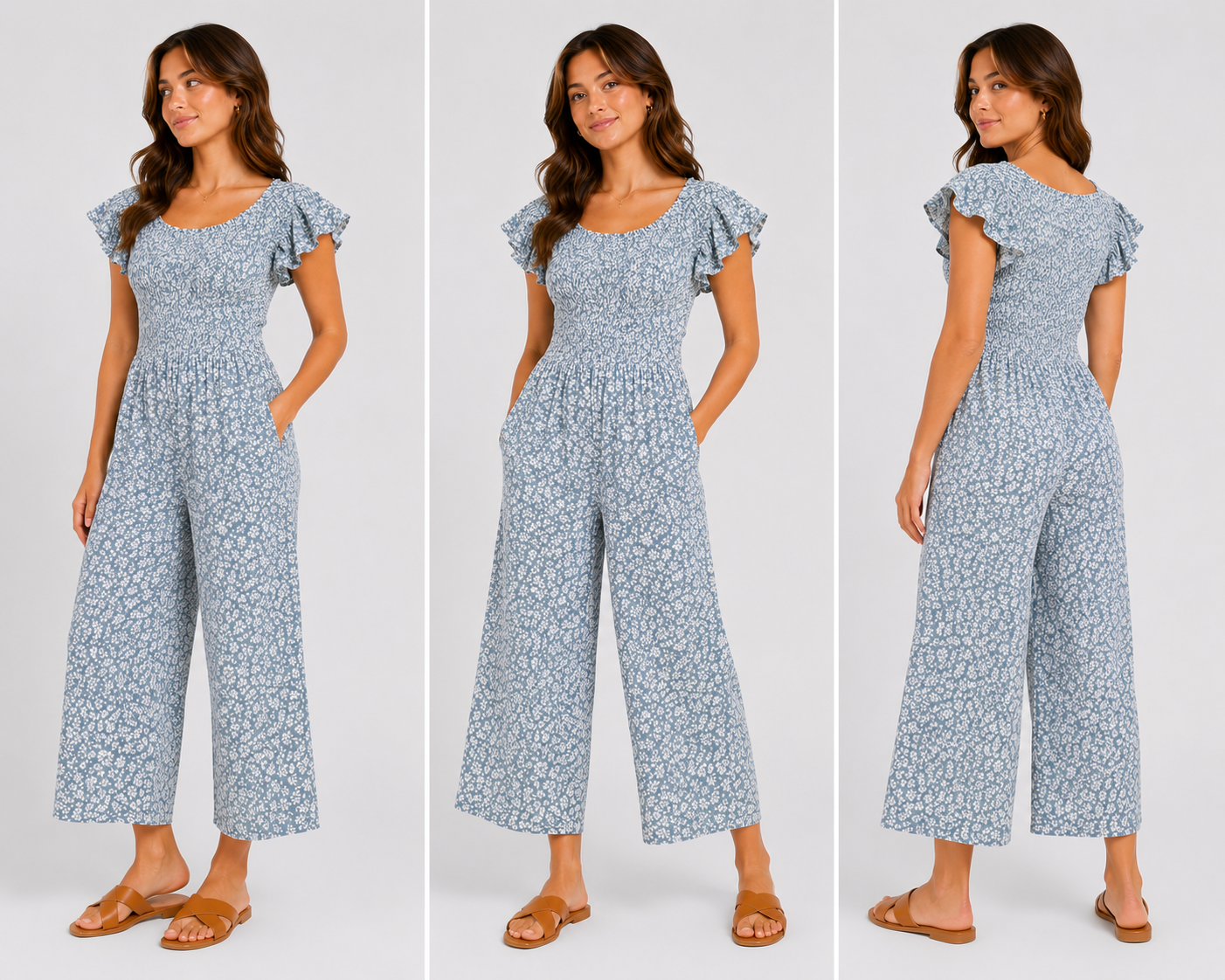 Blue floral women's jumpsuit with short sleeves and cropped legs – lightweight summer outfit
