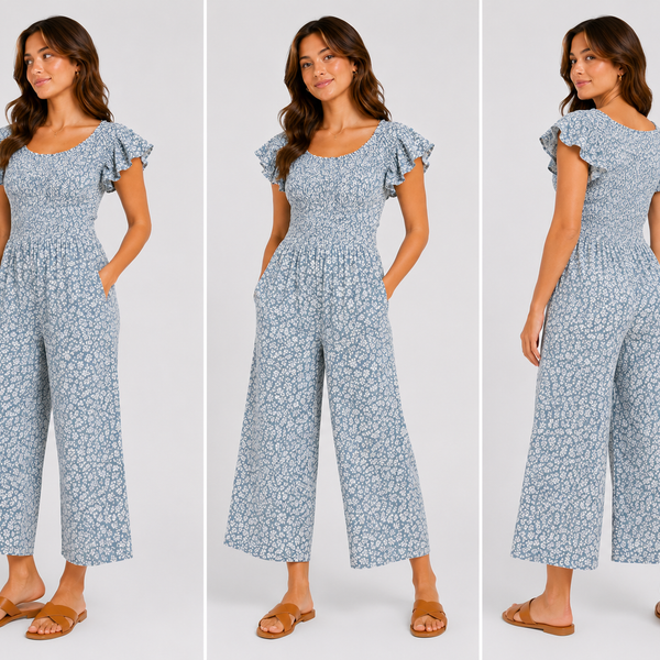 Ladies Shirred Floral Round Neck Jumpsuit - (Blue)
