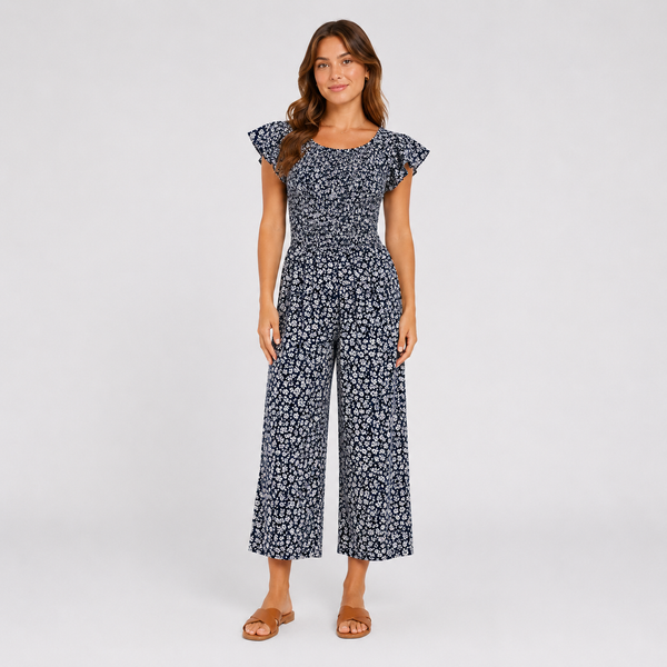 Ladies Shirred Floral Round Neck Jumpsuit - (Navy)