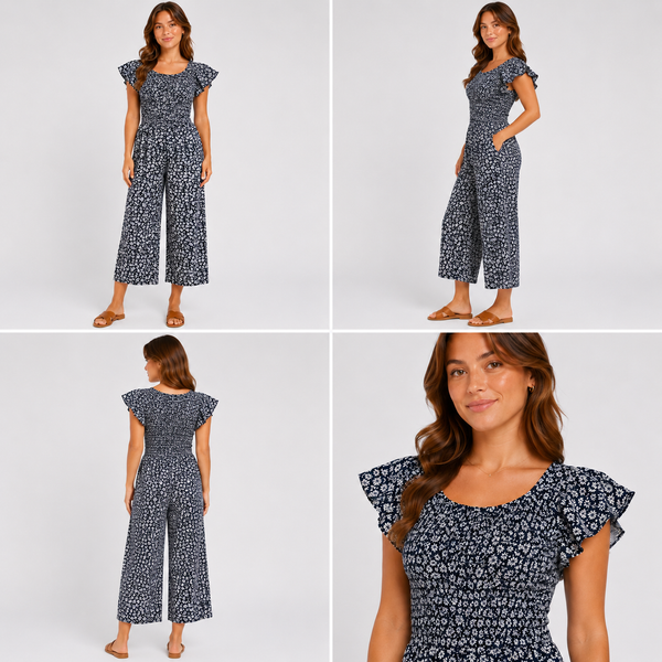 Ladies Shirred Floral Round Neck Jumpsuit - (Navy)