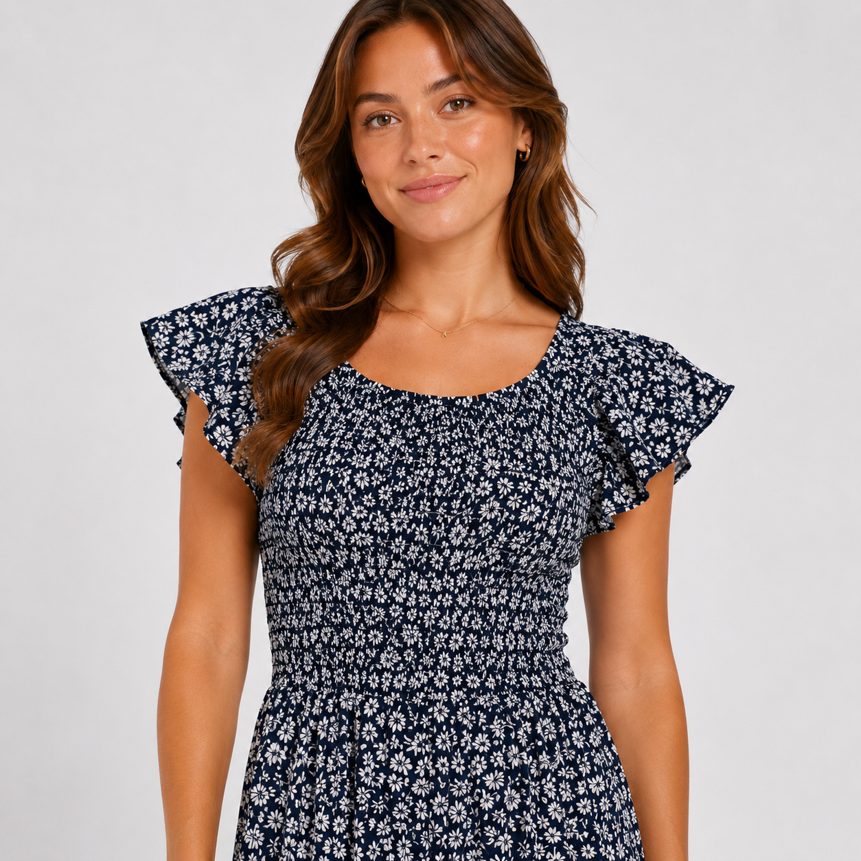Navy floral women's jumpsuit with short sleeves and cropped legs – lightweight summer outfit