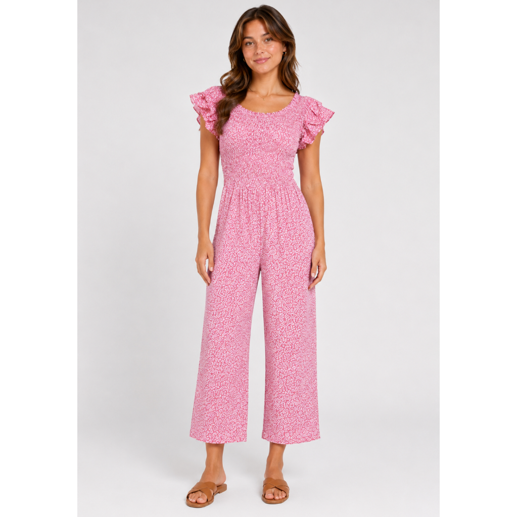 Pink floral women's jumpsuit with short sleeves and cropped legs – lightweight summer outfit