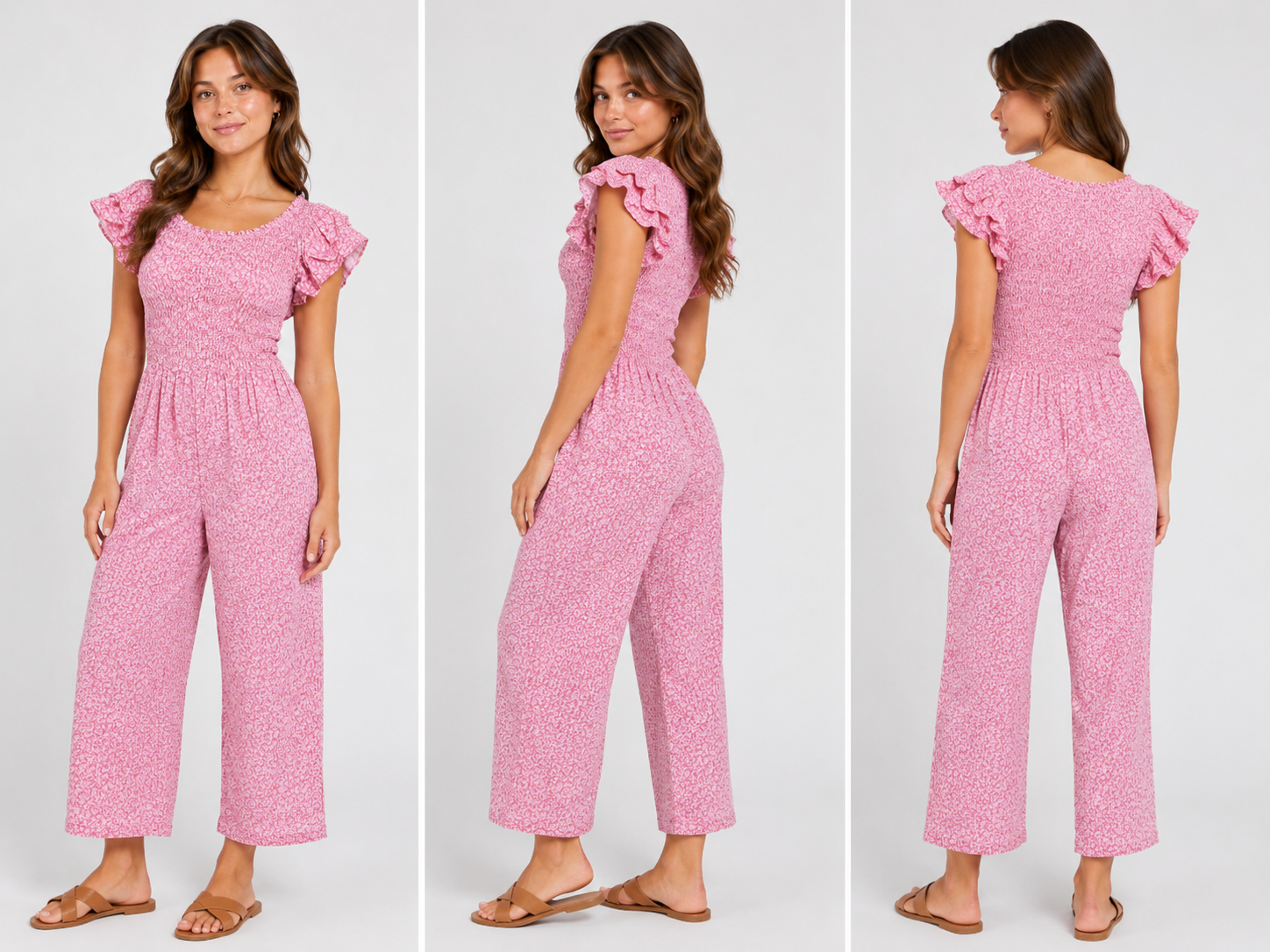 Pink floral women's jumpsuit with short sleeves and cropped legs – lightweight summer outfit