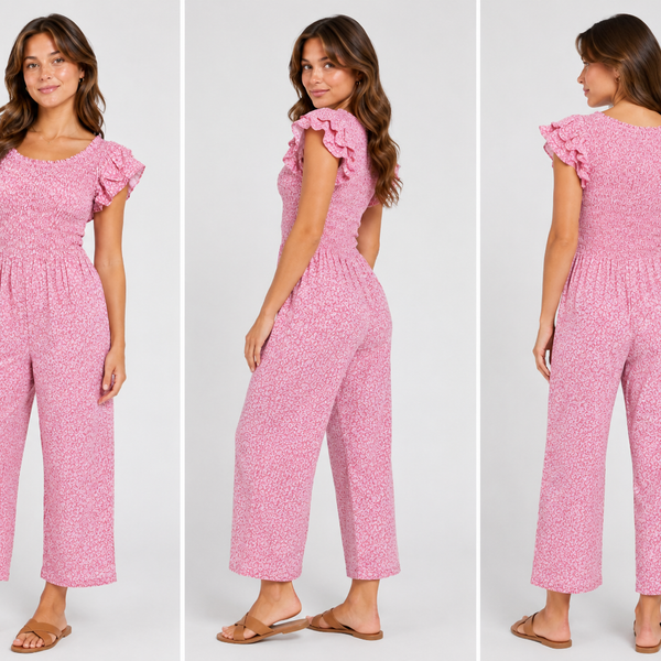 Ladies Shirred Floral Round Neck Jumpsuit - (Pink)