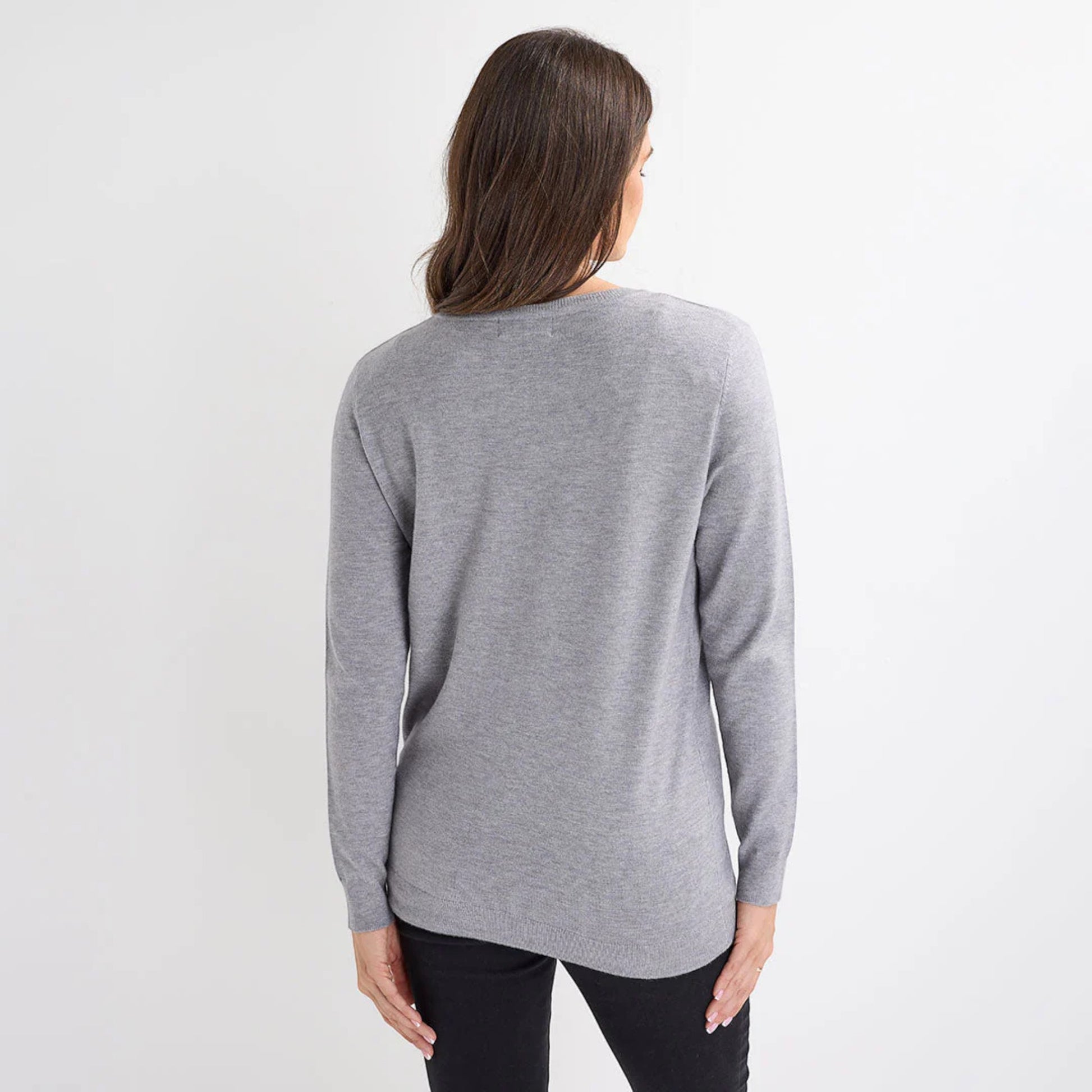 Ladies grey Christmas jumper with large silver sequin snowflake design, long sleeves and festive xmas style.