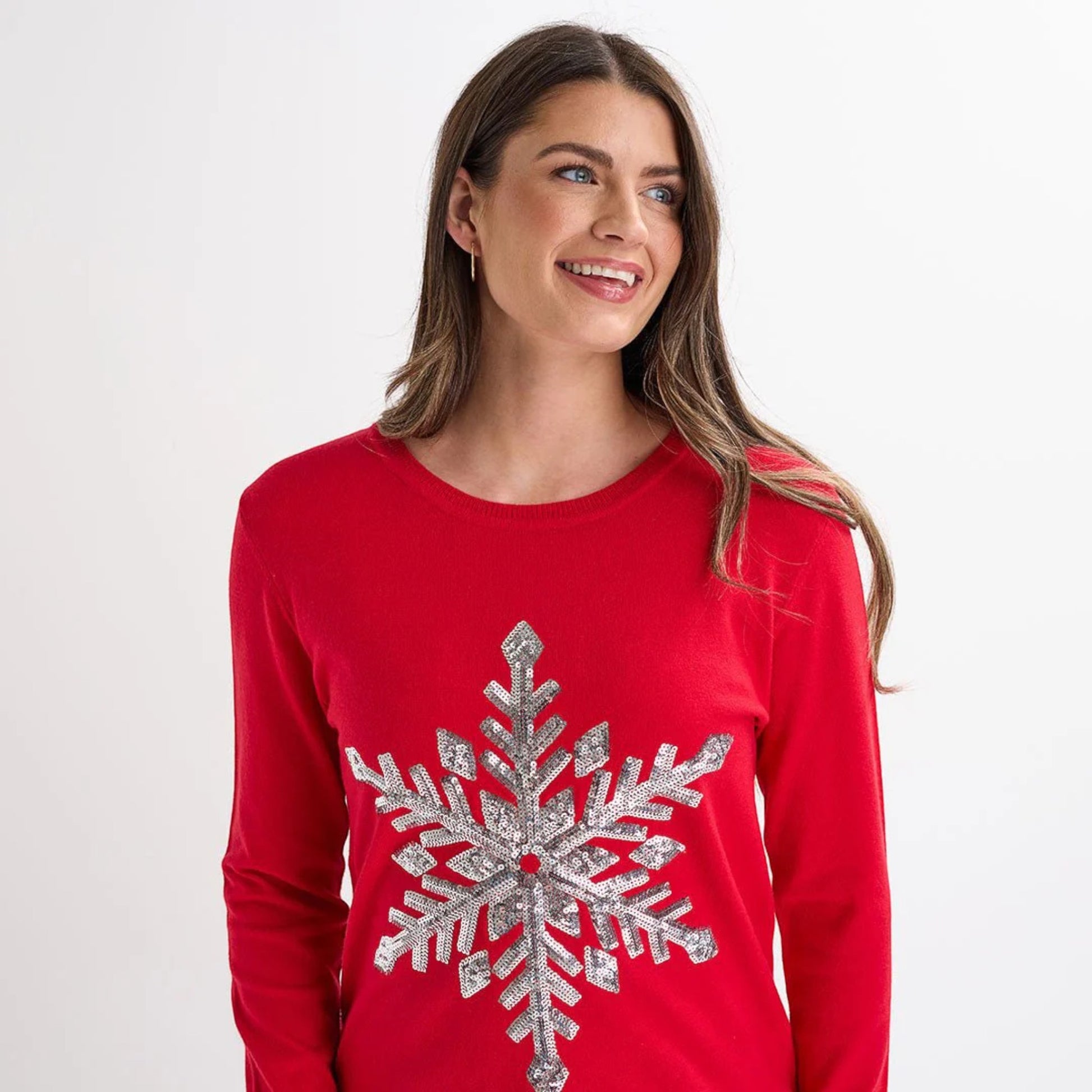 Ladies red Christmas jumper with large silver sequin snowflake design, long sleeves and festive xmas style.