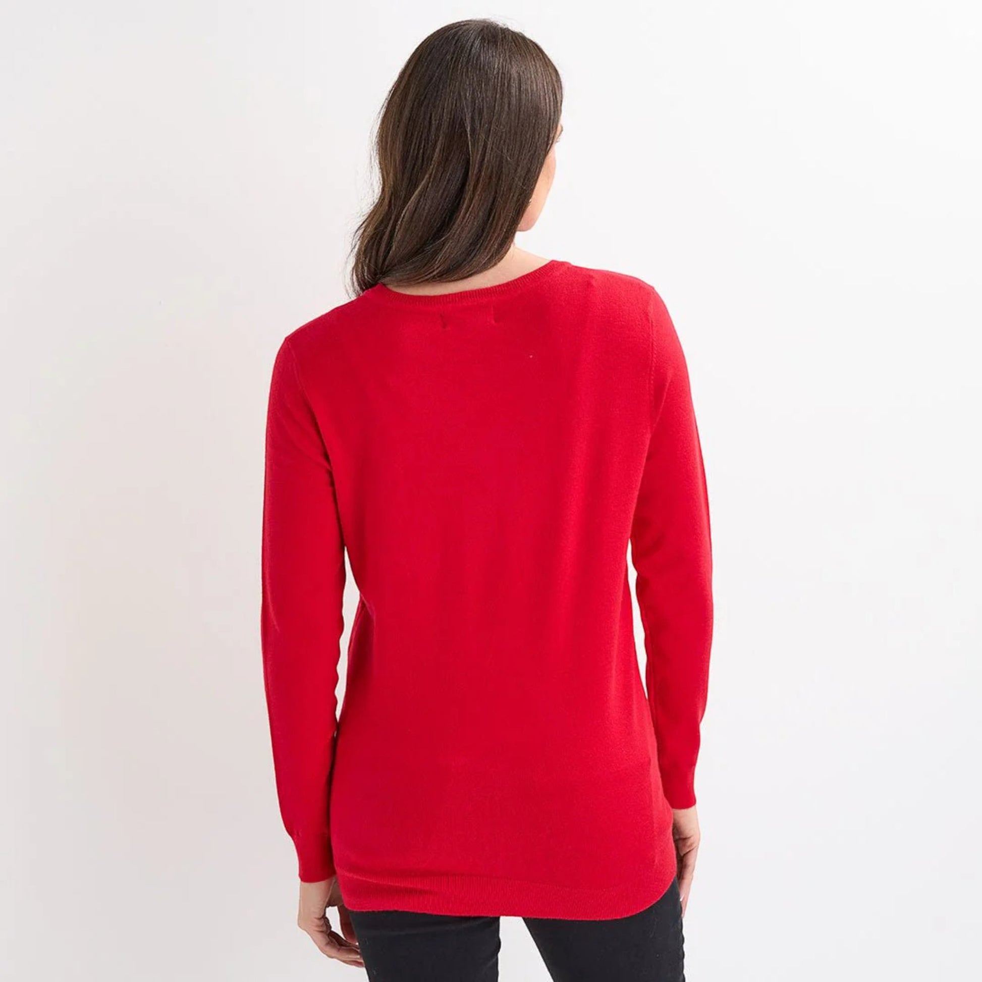 Ladies red Christmas jumper with large silver sequin snowflake design, long sleeves and festive xmas style.