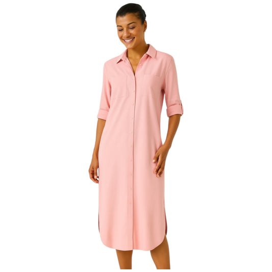 Women's Soft Pink long shirt dress with button front, rolled sleeves, and collared neckline – casual midi dress for everyday wear.