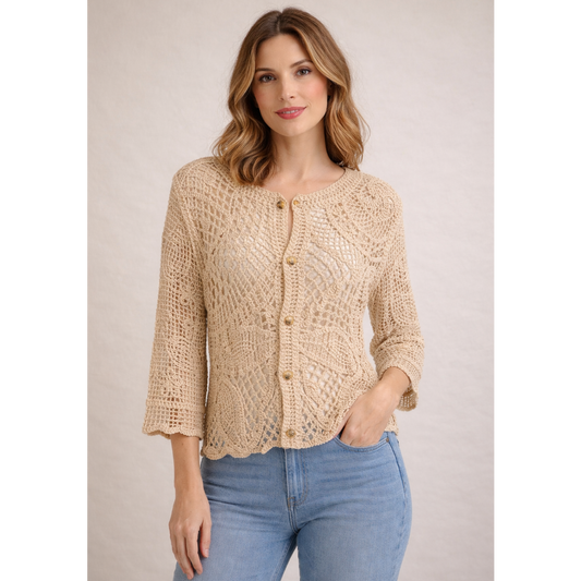 Ladies boho crochet cardigan lightweight summer knit beige button front