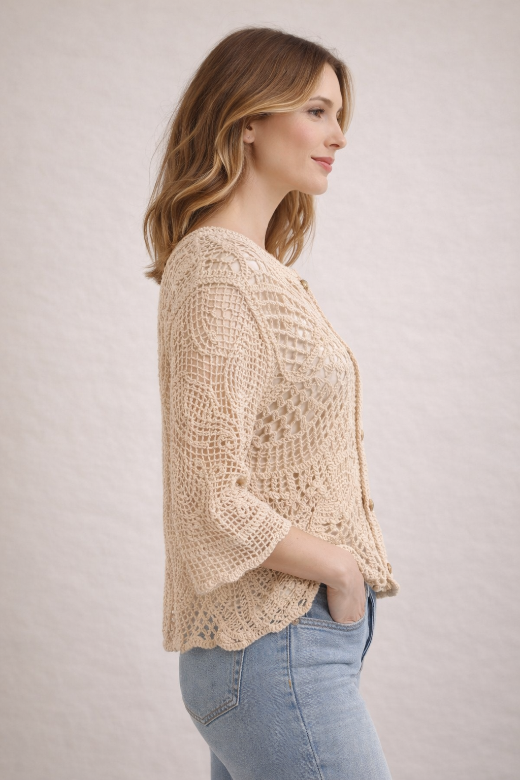 Ladies boho crochet cardigan lightweight summer knit beige button front