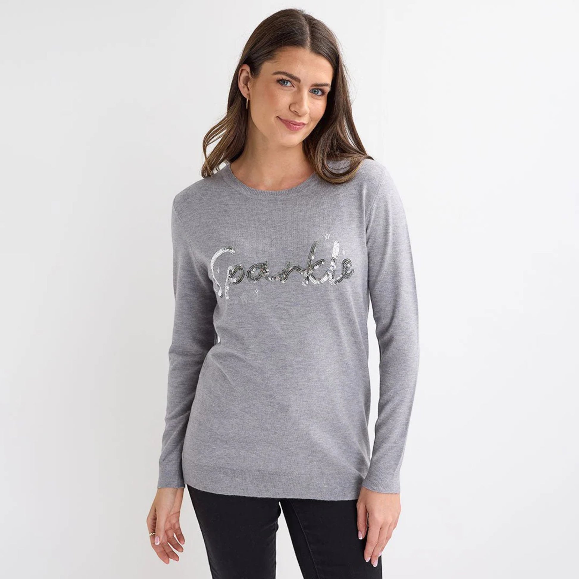 Ladies light grey jumper with silver sequin ‘sparkle’ slogan, long sleeves and a festive xmas style.