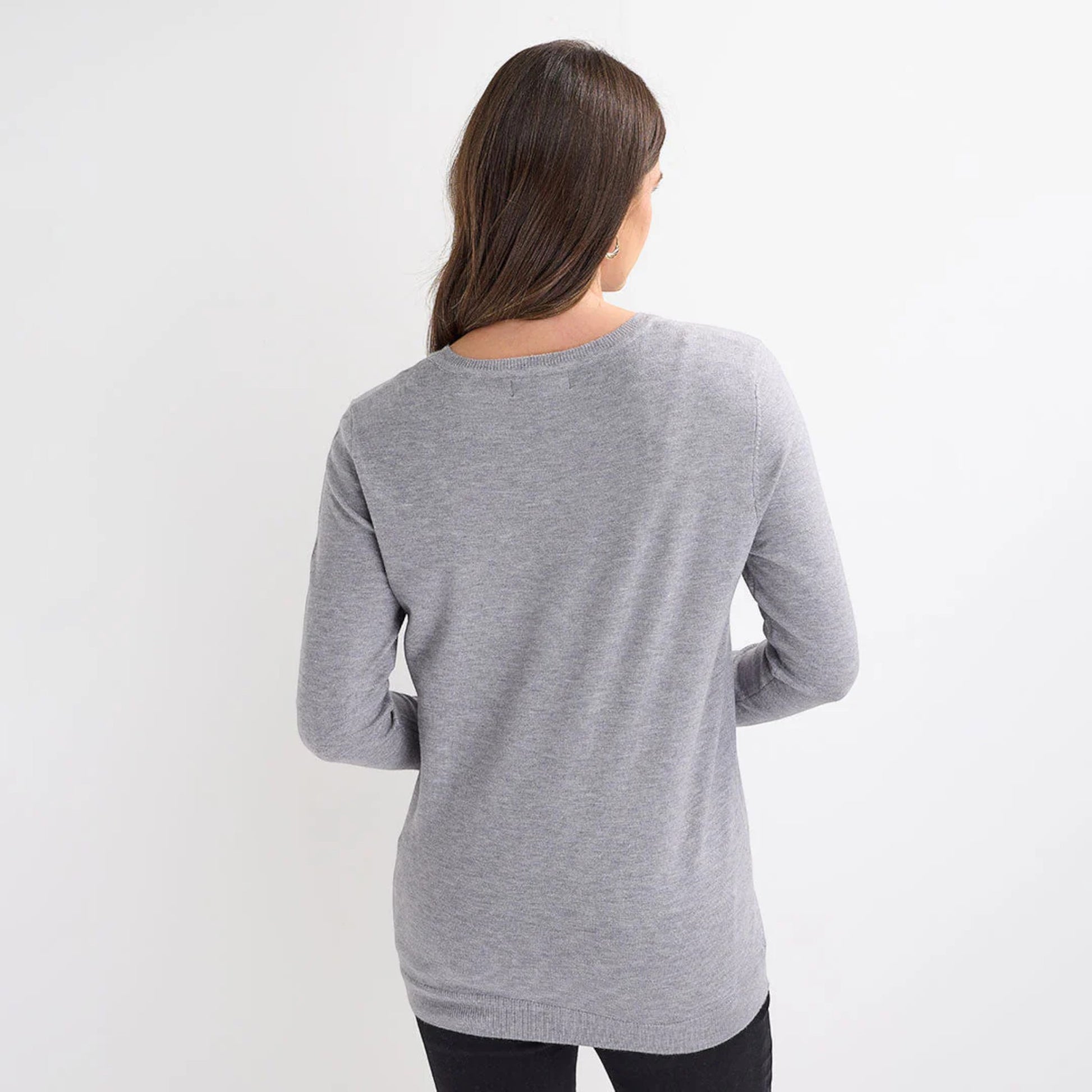 Ladies light grey jumper with silver sequin ‘sparkle’ slogan, long sleeves and a festive xmas style.