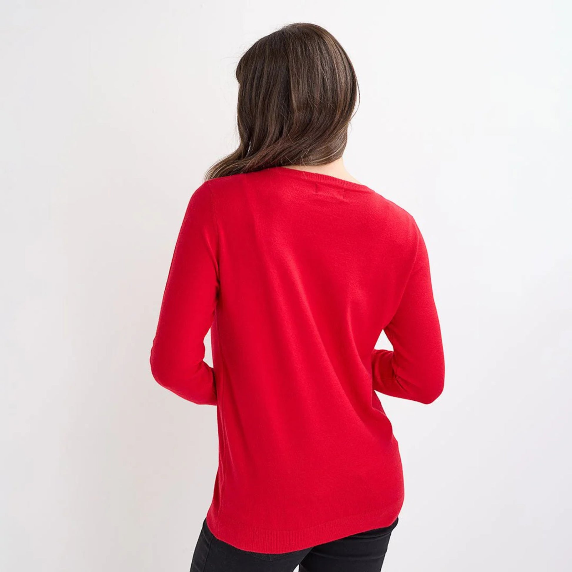 Ladies red jumper with silver sequin ‘sparkle’ slogan, long sleeves and a festive xmas style.