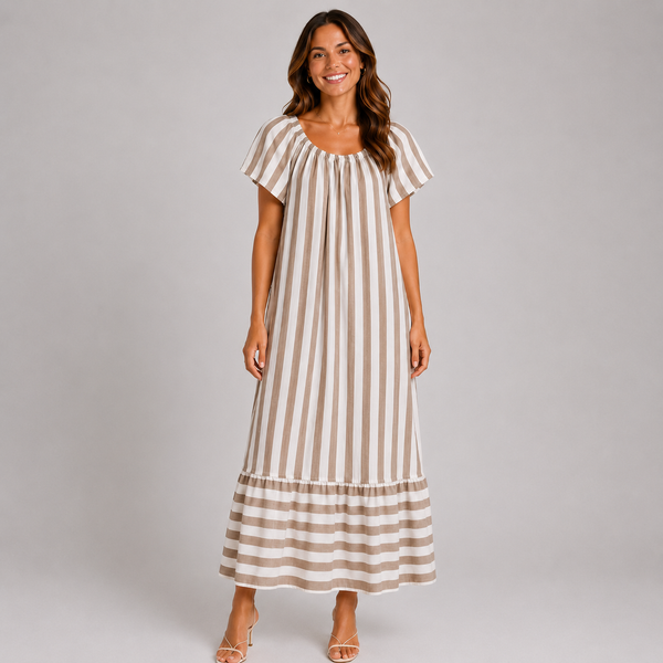 Ladies Beige & White Stripe Short Sleeve Maxi Dress