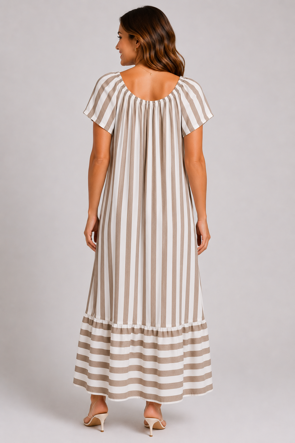 Ladies stripe short sleeve maxi dress with gathered neckline and relaxed fit, full length casual summer dress