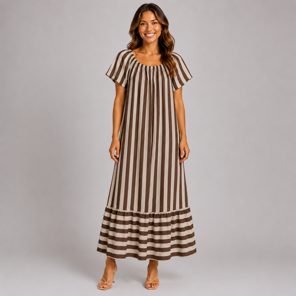 Ladies Brown & Grey Stripe Short Sleeve Maxi Dress