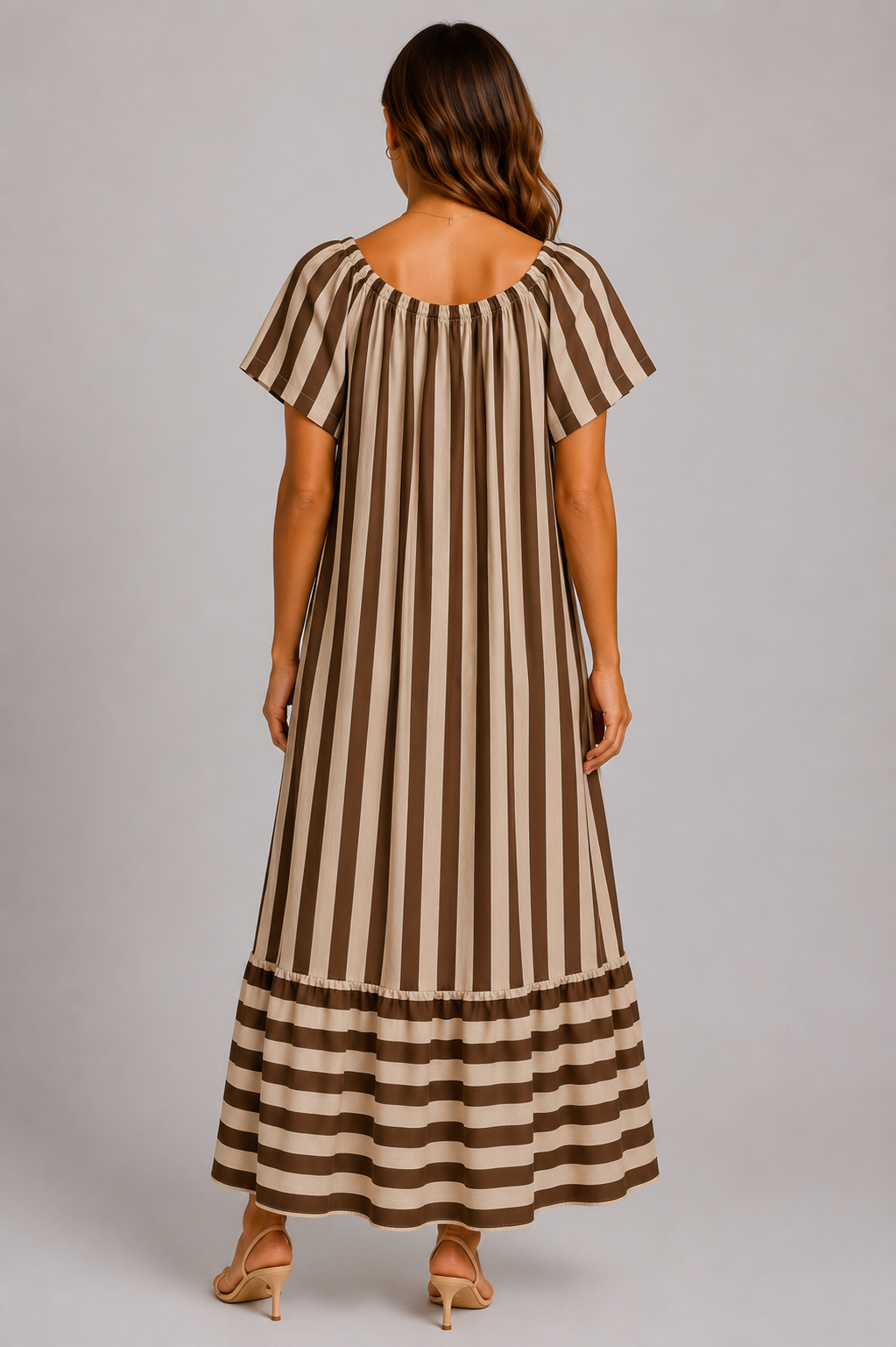 Ladies stripe short sleeve maxi dress with gathered neckline and relaxed fit, full length casual summer dress