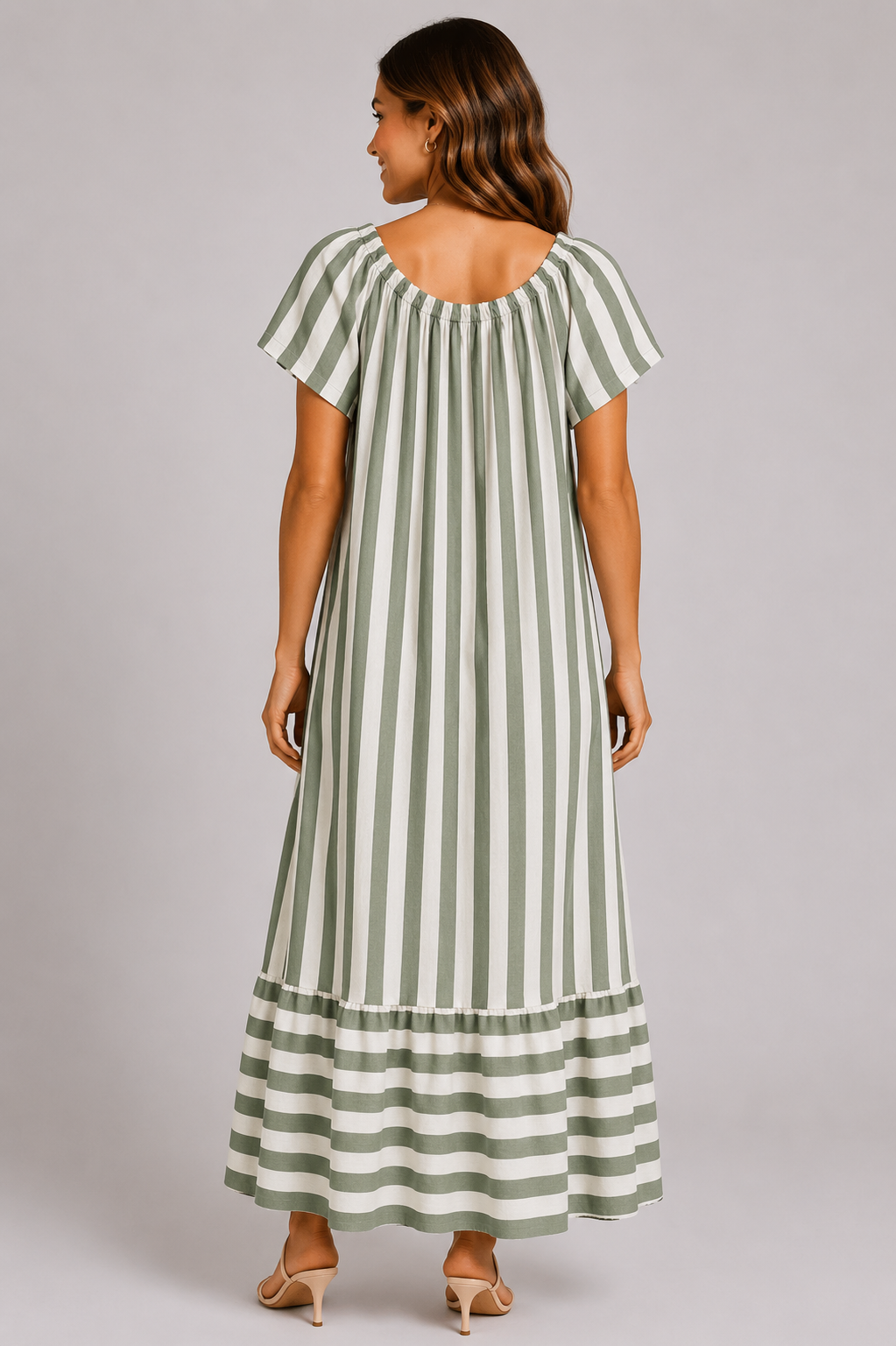 Ladies stripe short sleeve maxi dress with gathered neckline and relaxed fit, full length casual summer dress