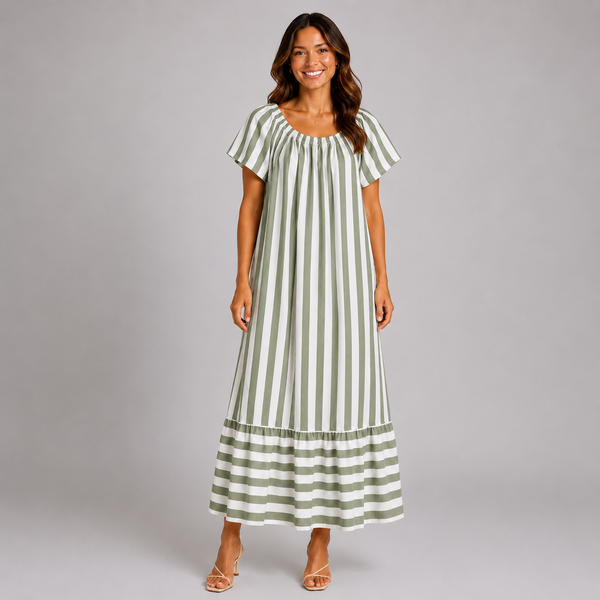Ladies Green & White Stripe Short Sleeve Maxi Dress